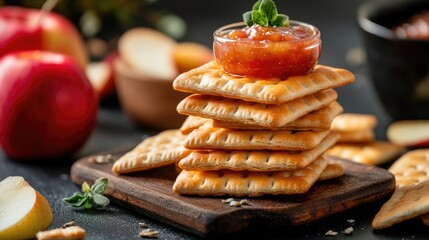 stack of crackers with apple chutney and other snacks