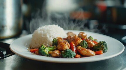 Stir fried Chicken and Broccoli with rice in white plate