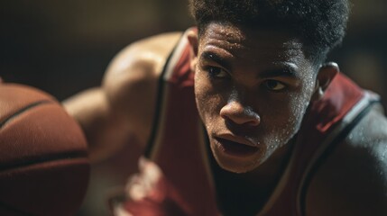 Close-up candid portrait of a high school basketball player dribbling the ball down the court, their face determined as they prepare for a fast break