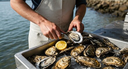 A man shucking oysters with a knife on a tray of ice next to a lemon by the water outside on a sunny day