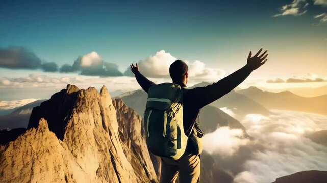 Hiker with backpack on mountain peak with arms raised enjoying bright golden sunset sky with distant mountain range views