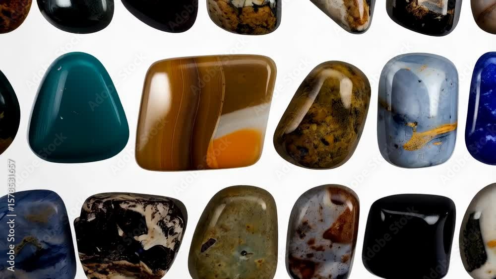 Poster collection of colorful polished gemstones arranged in rows, showcasing different shapes and vibrant 
