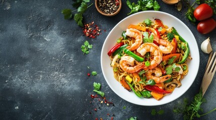 Stir fry noodles with prawns and vegetables in white plate. Healthy asian food