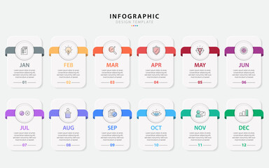 Timeline Creator infographic template. 12 months timeline journey, 1 year calendar infographics design template. presentation graph. Business concept with 12 options or steps, vector illustration.