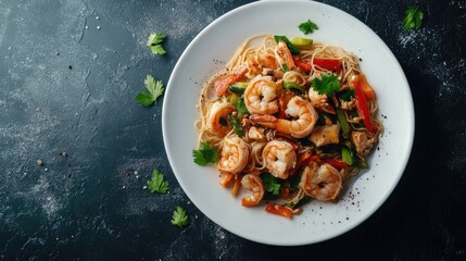 Stir fry noodles with prawns and vegetables in white plate. Healthy asian food