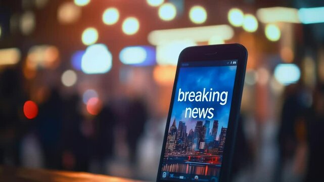 A cell phone is displaying Breaking News. The image is blurry and features a city skyline in the background