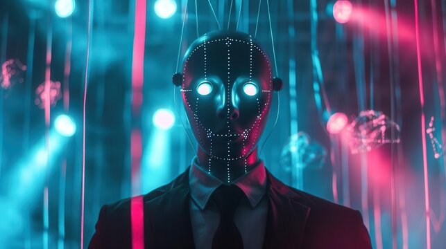 surreal puppet master controlling social media avatars with neon strings on strings .