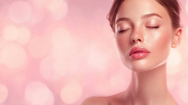 Beautiful young woman face with closed eyes on pastel pink glowing background. Beauty skin care make up cosmetics concept banner