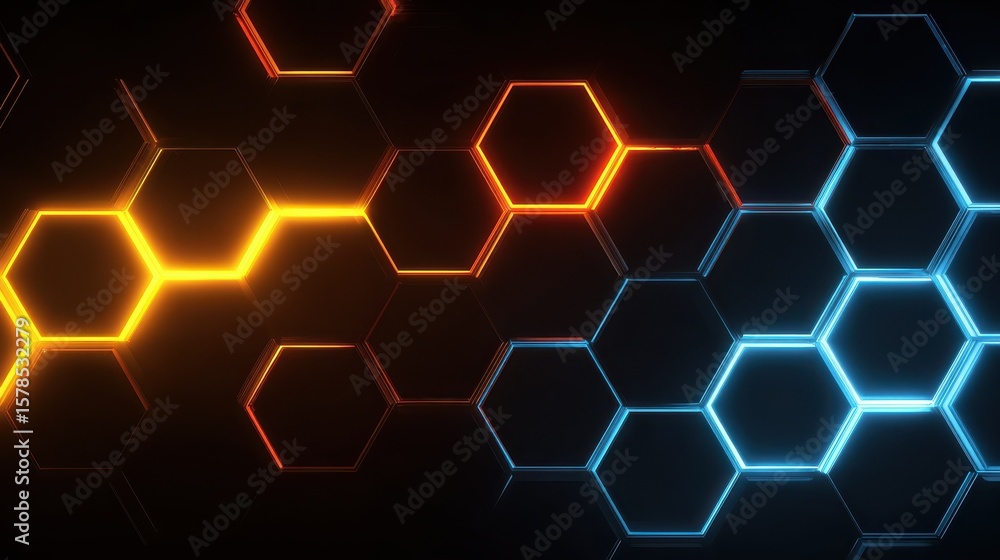 Poster vibrant neon hexagons pattern illuminated on a dark background with a futuristic and dynamic feel.