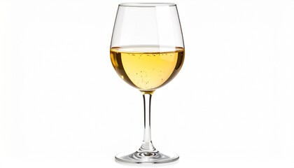 Transparent wine glass with golden white wine and condensation droplets, white studio lighting, high realism and clarity on white background.