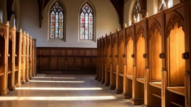 Row of ornate wooden confessionals in an old building with stained glass windows and shafts of sunlight streaming across the floor.