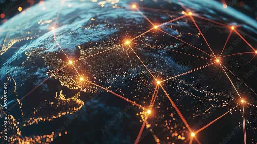 Poster international network of lines and nodes over world map.