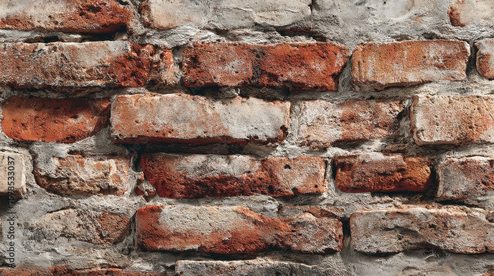 Poster a close-up view of a brick wall with a natural, rough texture, showcasing the intricate patterns and