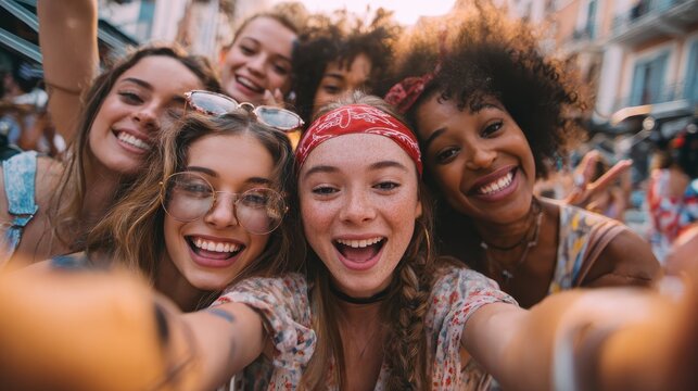 Photo of young beautiful excited women friends outdoors take a selfie by camera., no logos, no brands - Powered by Adobe