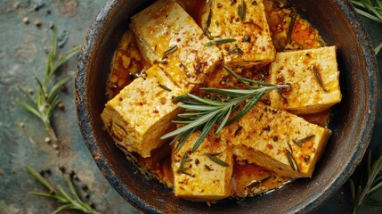 Tofu cheese. Baked Tofu cheese with rosemary and spices in a bowl. On a stone background.