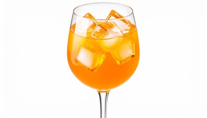 Clear wine glass with fresh orange juice and ice cubes, vibrant modern layout, isolated on white, bright refreshing style.