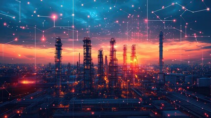 Fototapeta premium Carbon capture technology system visual with industrial pipeline, AI emissions analytics, and clean energy transformation concept overlay