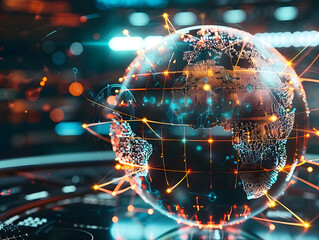 Glowing digital world map with interconnected data points, representing AI-driven global communication and technology networks