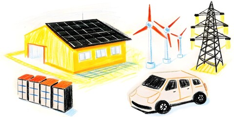 Fototapeta premium Clean Energy Living: Solar Panels and Wind Turbines
