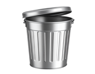 3D trash bin icon with metallic texture, isolated on a transparent background
