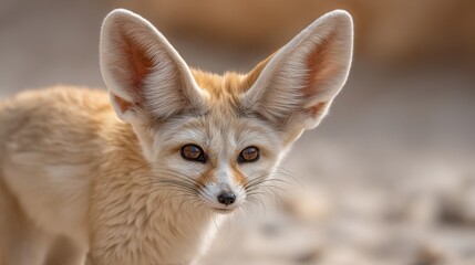 Fennec Fox With Large Ears Stands Alert in Sandy Desert Environment During Daylight