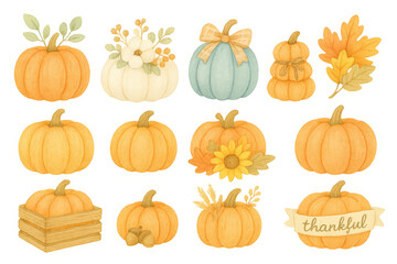 Autumn Harvest Pumpkins Sunflowers Watercolor Illustrations,clipart, cut out, no background ,PNG die-cut for advertising