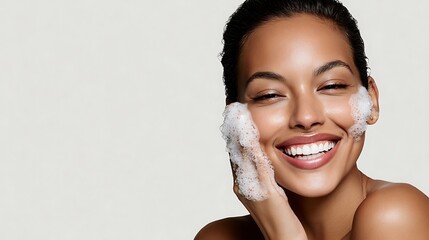 Woman Washes Face with Cleanser