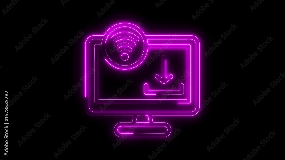 Poster neon computer downloading data with wireless connection glowing purple animation on black