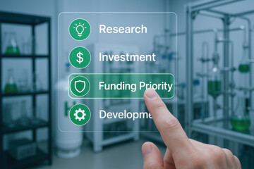 Obraz premium Funding priority selection transparent screen with green hydrogen industrial laboratory background and finger pointing for research and investment