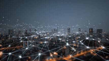 Futuristic Network Connection Over Cityscape, Digital Network Technology, and Cybersecurity Systems
