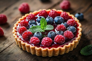 Fresh berry tart garnished with mint on rustic wooden surface