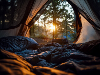 Cozy camping scene with sunset view through a tent in the forest