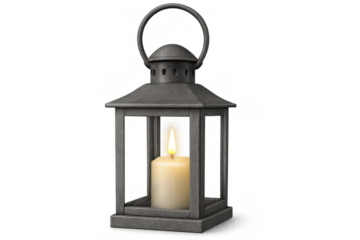 Old metallic lantern containing a burning candle, isolated on transparent background, creating a warm and inviting atmosphere