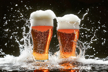 Two glasses of beer clashing with splash and foam effects