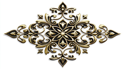 a gold filigree badge design, perfectly symmetrical, 3d rendering beautiful golden relief isolated on white. luxury carving decoration of architecture. classic interior detail made of gold.

