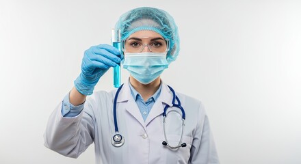Scientist in protective gear examines a blue liquid in a test tube