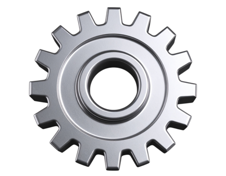 Flat and glossy 3D gear settings icon, isolated on a transparent background