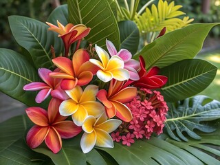 Vibrant plumeria flowers and tropical leaves in a lush garden setting