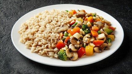 Vegetarian meat free mycoprotein pieces vegetable stir fry, brown rice served in white plate