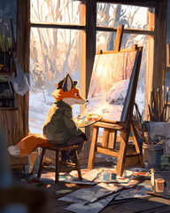 Fox artist painting a winter landscape in a cozy art studio
