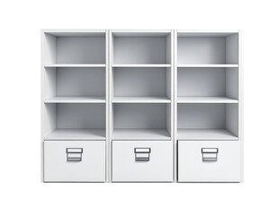 White wooden 3D empty shelves and blank boxes for shop interior design, perfect for home or office storage and book display