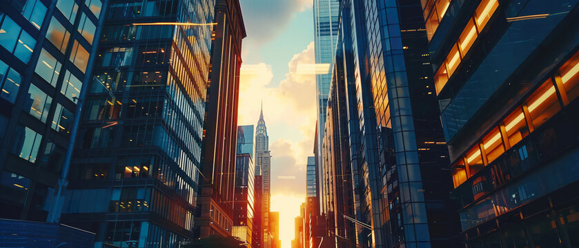 Panoramic view of modern glass skyscrapers reflecting warm sunset light in a futuristic urban cityscape. - Powered by Adobe