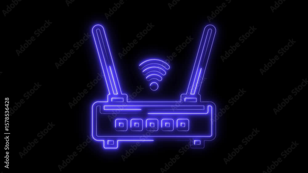 Poster neon style wireless router icon animation on black background for connectivity and technology