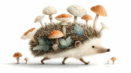 Obraz premium Woodland Wanderer – Watercolor Hedgehog with Mushrooms and Flowers on Its Back