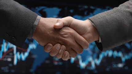 Business handshake in backdrop of rising economic growth and global business development charts