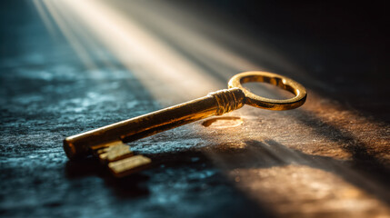 Antique key illuminated by soft light on textured surface