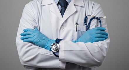 Doctor wearing blue gloves and lab coat with stethoscope folded arms
