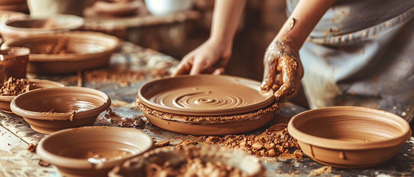 Hands-on pottery workshop in a creative studio. Participants engage in clay shaping, embracing artistic expression and handmade tradition.