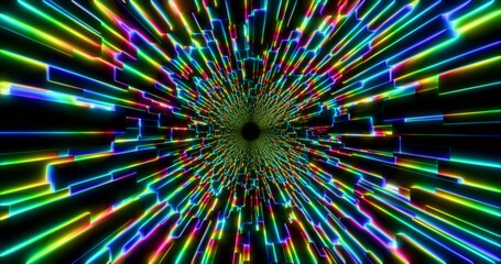 Futuristic glowing neon waving rotate cube background. Shining geometric rainbow lines inside corridor in perspective. Bright retro digital cyberspace. 3D rendering.