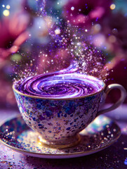 Enchanting cosmic swirl emerging from a decorated teacup with sparkling galaxy effects